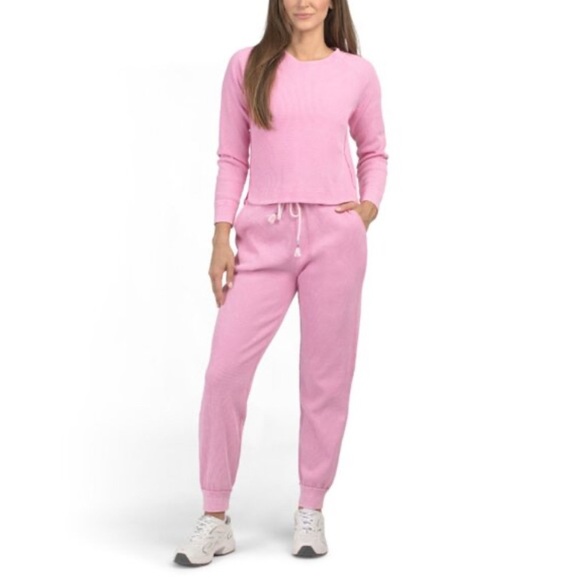 SUNNYSIDE BY SUNDRY Fuchsia Waffle Knit Long Sleeve Top With Jogger 2pc Set Sz L - Picture 1 of 9